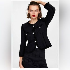 ZARA Black Tweed Frayed Blazer with Gem Buttons Size S